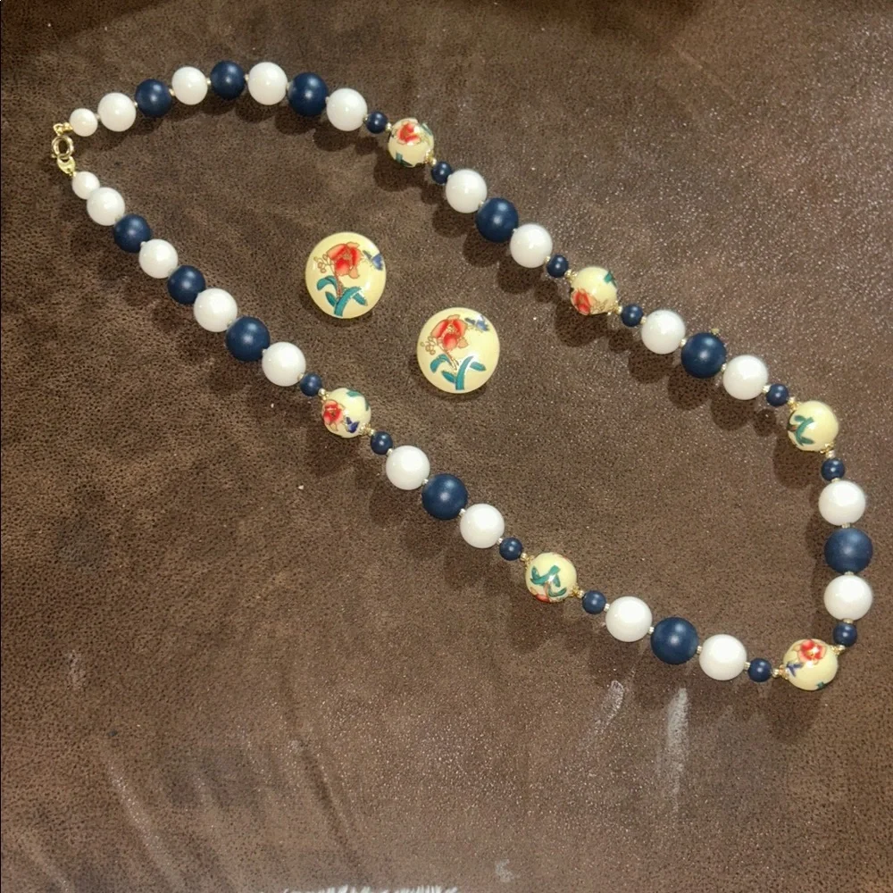 Folk Art-Cloisonne Vintage Beaded Painted Japan Necklace & Earring Set